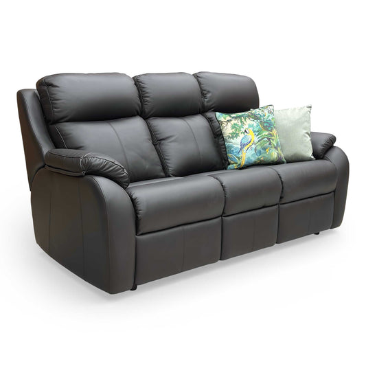 Full view of G Plan 'Kingsbury' 3-seater sofa in premium black leather, featuring a high-back design, curved wing details, and tiered cushioning.