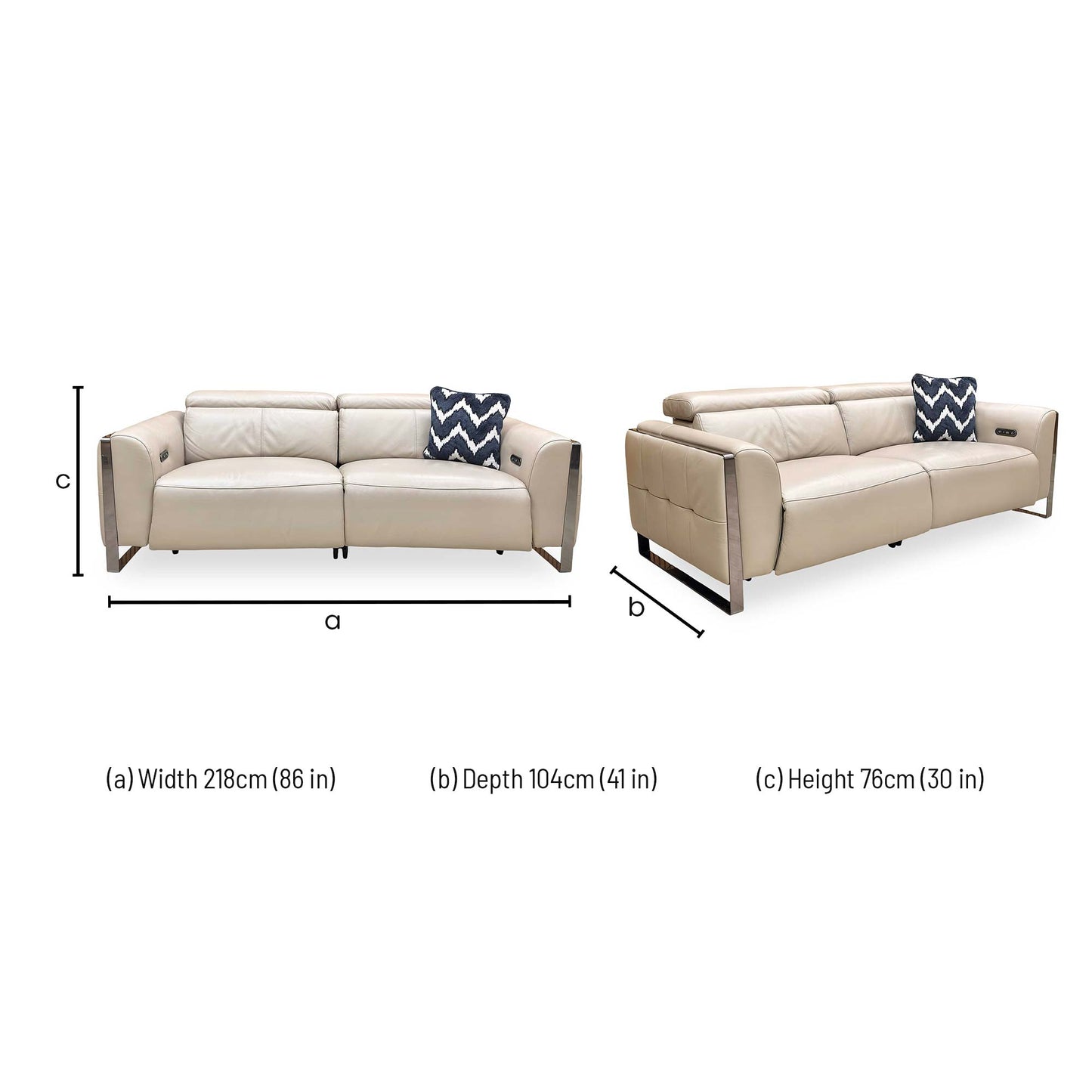 Dimensions for the Furniture Village ‘Gisella’ Cat-40:08 Oyster Leather 3 Seater Power Recliner Sofa.