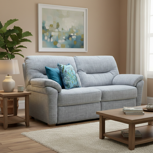Living Room view of the Duck Egg fabric 3-seater sofa, highlighting the modern silhouette and clean lines.