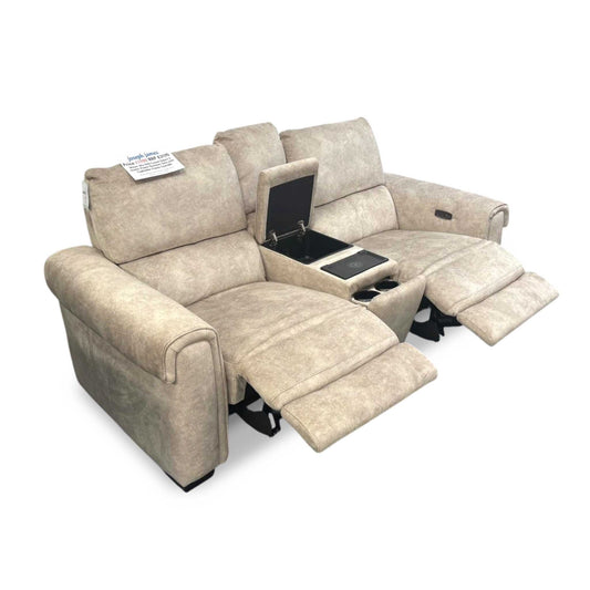 Full view ‘Nixon’ contemporary 2-seater power recliner home theater sofa, beautifully upholstered in luxurious, soft-touch cream velvet with a central drop-down storage console.