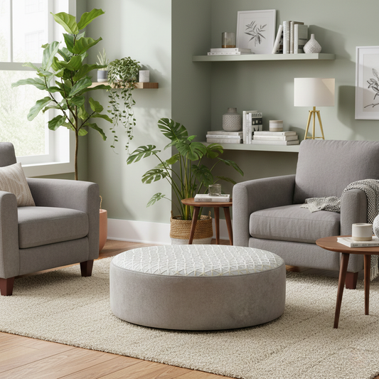 Living Room view of the cream velvet twister footstool, highlighting the large circular design and swivel base.
