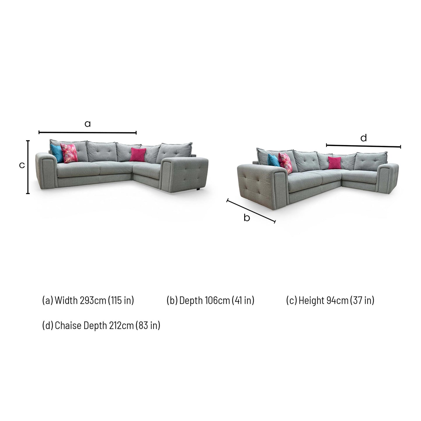 Dimensions for the ‘Goliath’ Oxford Grey Right Hand Facing Corner Sofa.