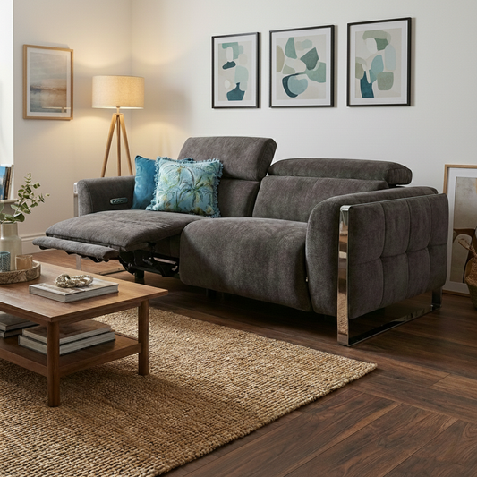 Living Room view of the mushroom linen 3-seater sofa, highlighting the geometric stitching and wrap-over metal legs.