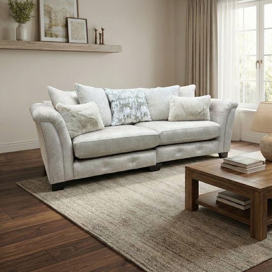 Living Room view of the 4-seater cream velvet sofa, highlighting the deep-buttoned base border.