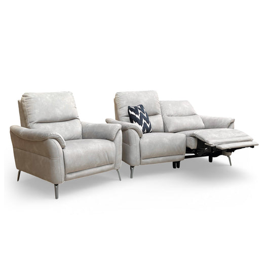 Full view of the ‘Daytona’ Dexter Stone 43502 velvet 2-seater power recliner sofa and matching armchair.