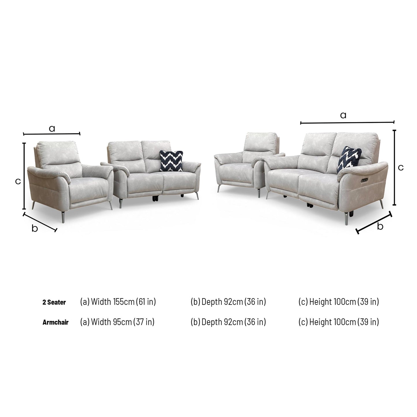 Dimensions for the Furniture Village ‘Daytona’ Dexter Stone 43502 Velvet 2 Seater Power Recliner Sofa and Chair.