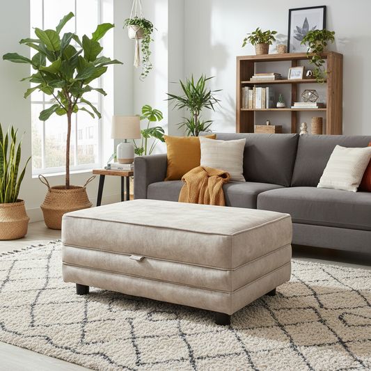 Living Room view of the dapple cream storage footstool, highlighting the large rectangular design and plush top.