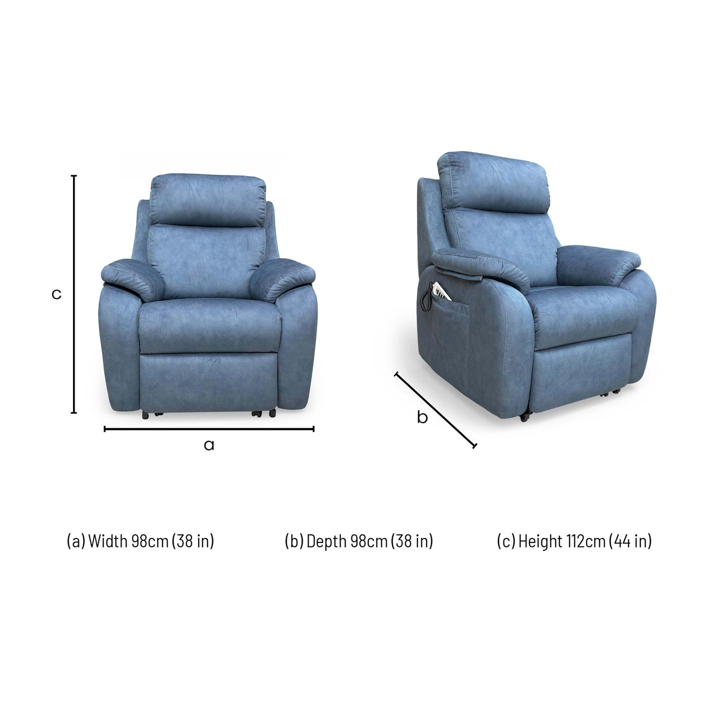 Dimensions for the G Plan ‘Kingsbury’ A125 Stingray Indigo Velvet Large Lift and Rise Recliner Chair.