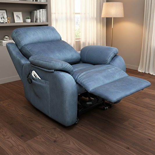 Living Room view of the indigo blue velvet recliner, highlighting the signature tiered backrest and plush armrests.