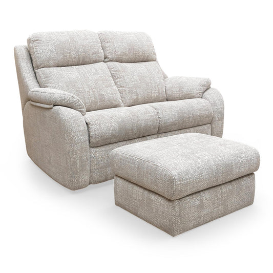 Full view of the G Plan ‘Kingsbury’ B045 2-seater sofa and matching storage footstool in Aerial Horizon grey fabric.