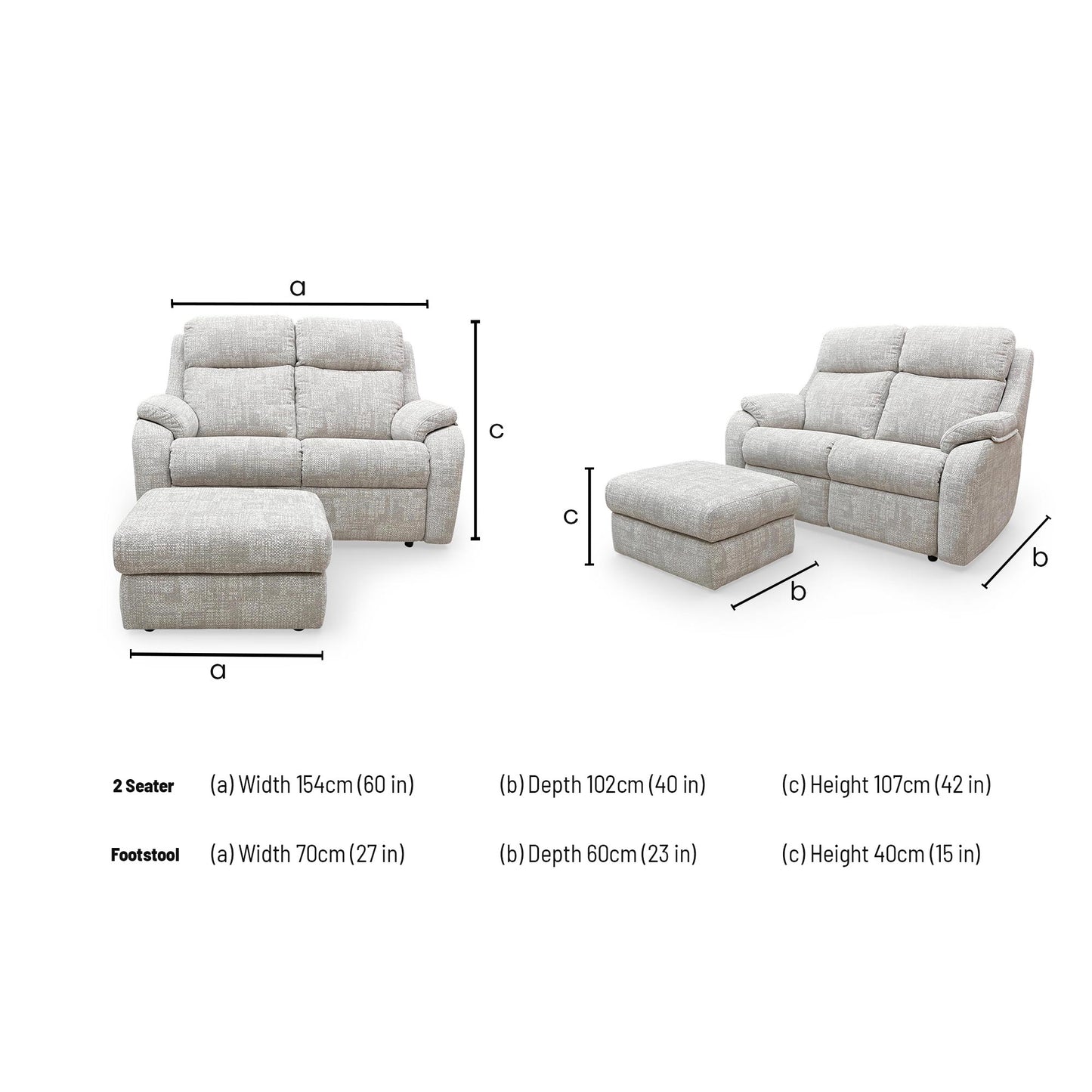 Dimensions for the G Plan ‘Kingsbury’ B045 Aerial Horizon Fabric 2 Seater Sofa and Storage Footstool.