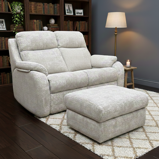 Living Room view of the Aerial Horizon fabric sofa, highlighting the high-back design and curved padded armrests.