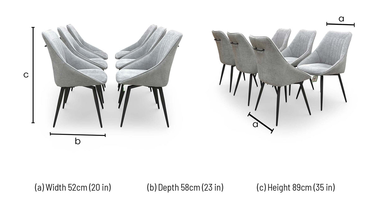 Dimensions for the ‘Crete’ Silver Fabric Swivel Dining Chairs.