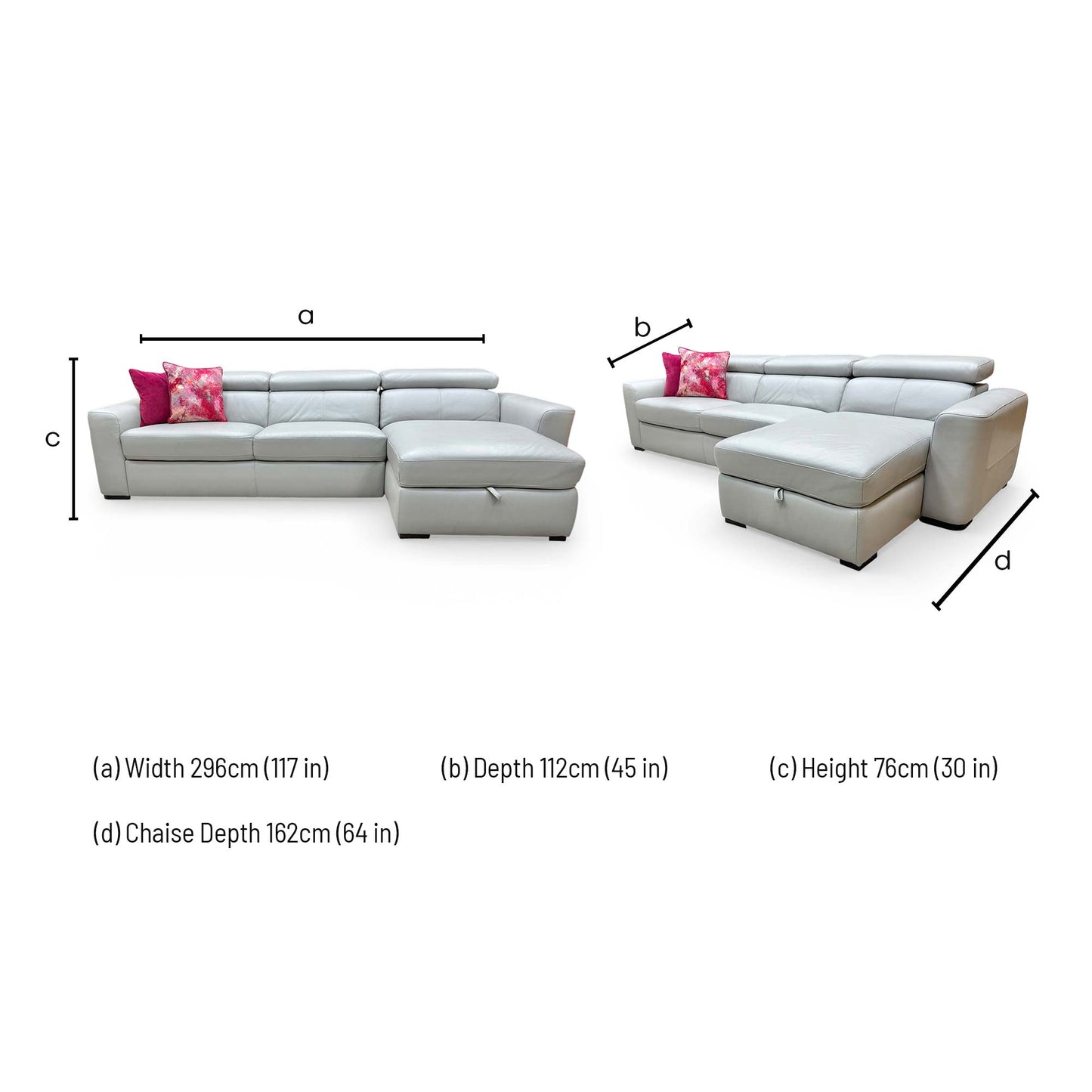 Dimensions for the World of Leather ‘Infinity’ NC-251E Grey Leather Right Hand Facing Corner Chaise Sofa.