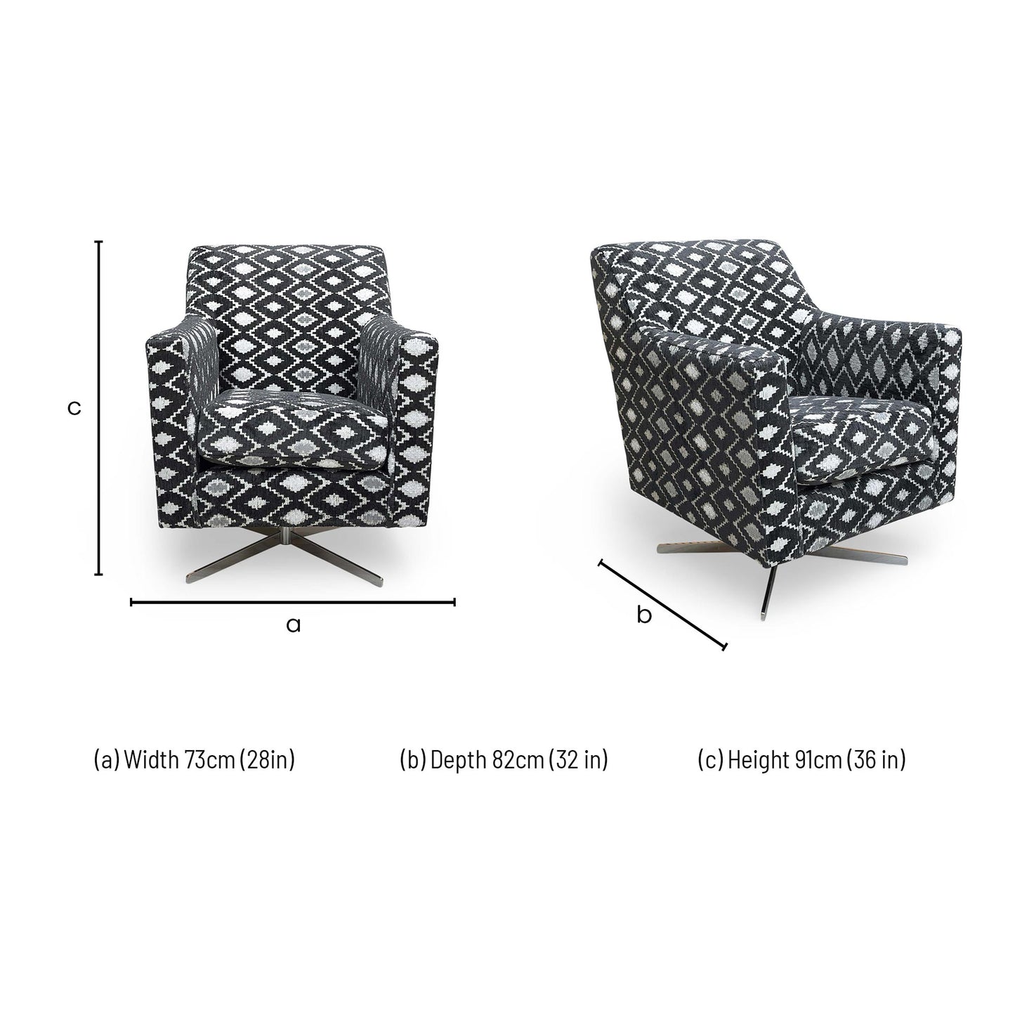 Dimensions for the Thornbrook ‘Vera’ Black and White Diamond Pattern Fabric Swivel Accent Chair.