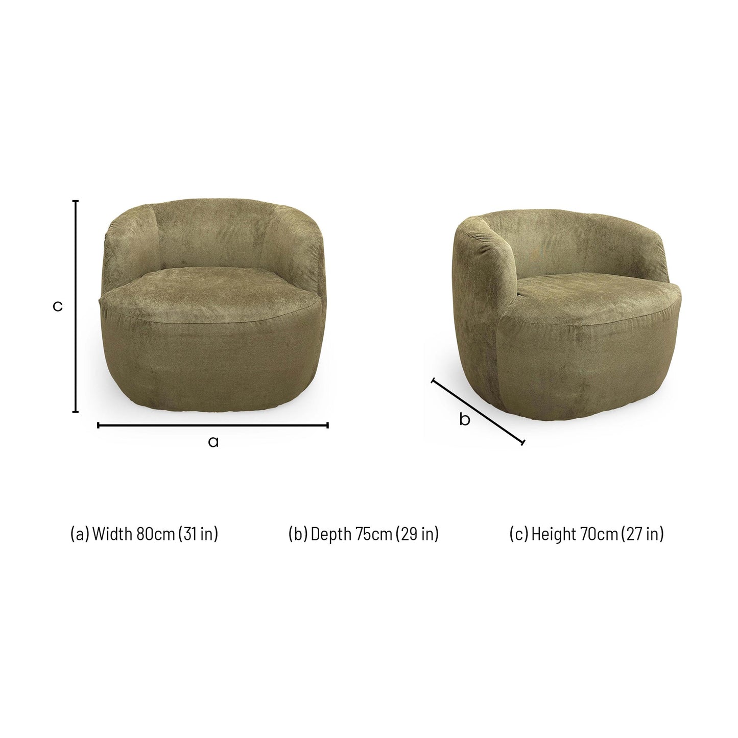 Dimensions for the Thornbrook ‘Terry’ Sage Green Fabric Swivel Accent Chair