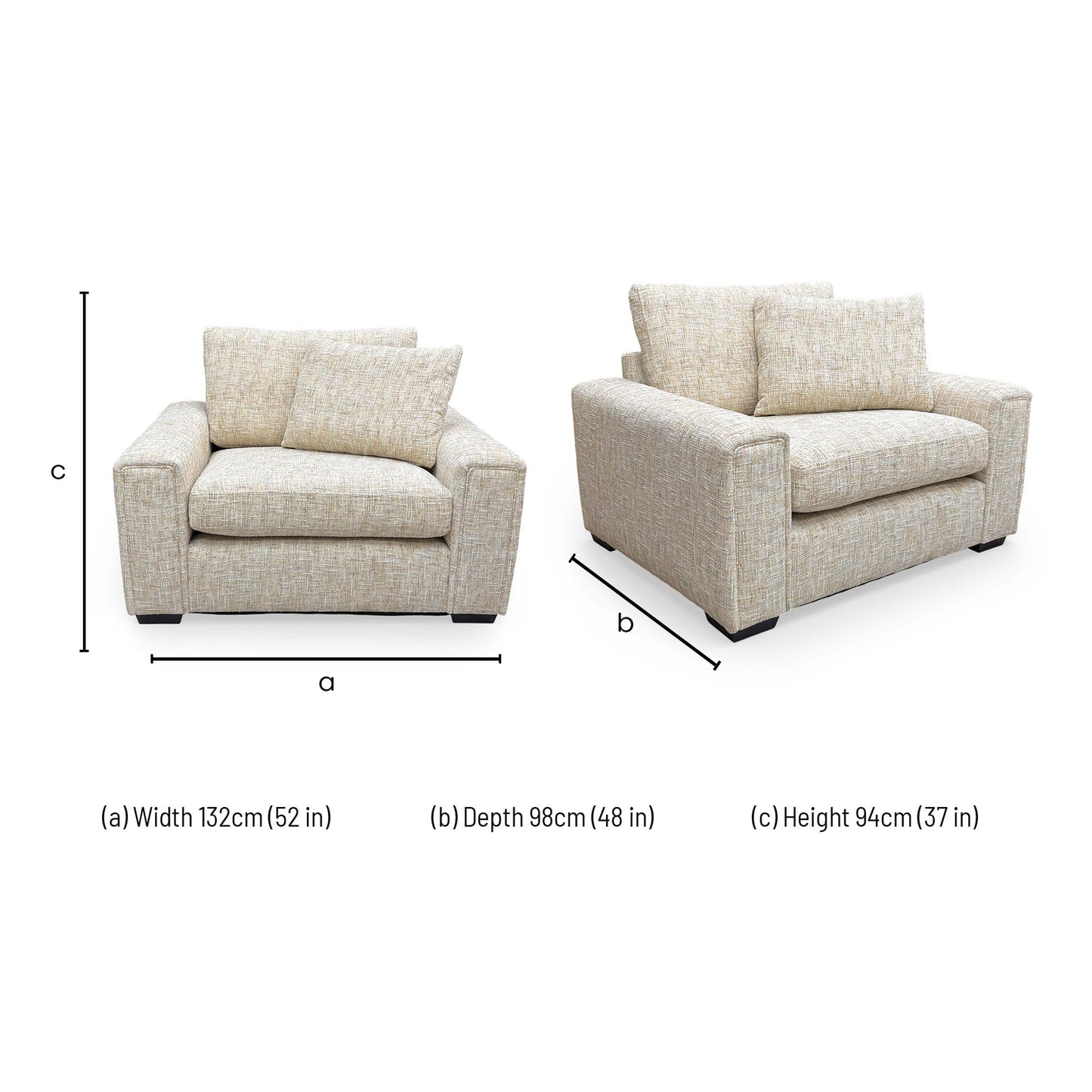 Dimensions for the Thornbrook ‘Burton’ Odyssey Marzipan Cream Woven Fabric Love Chair.