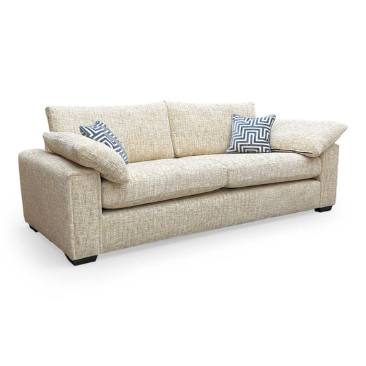 Full view of the Thornbrook ‘Burton’ Odyssey 4-seater formal back sofa in marzipan cream woven fabric.