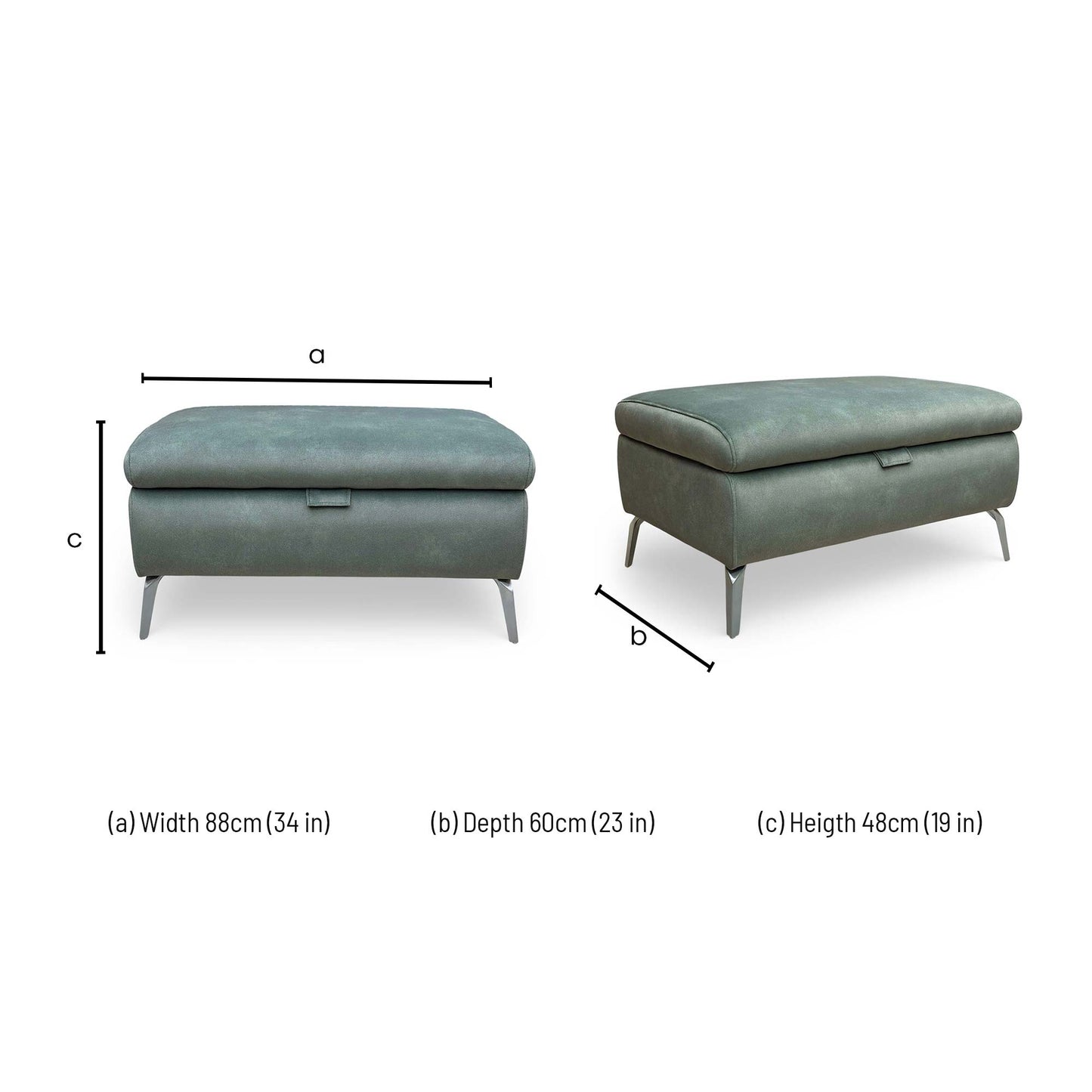 Dimensions for the Furniture Village ‘Daytona’ Dexter Fern 43514 Velvet Storage Footstool.
