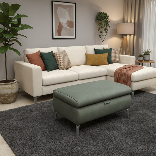 Living Room view of the fern green velvet footstool, highlighting its elegant rectangular design.