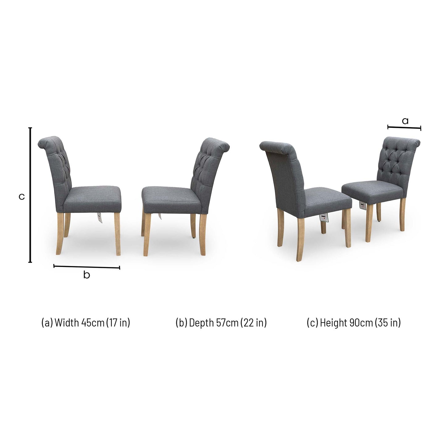 Dimensions for the ‘Lewis’ Anthracite Fabric Button Back Roll Back Fixed Dining Chairs.