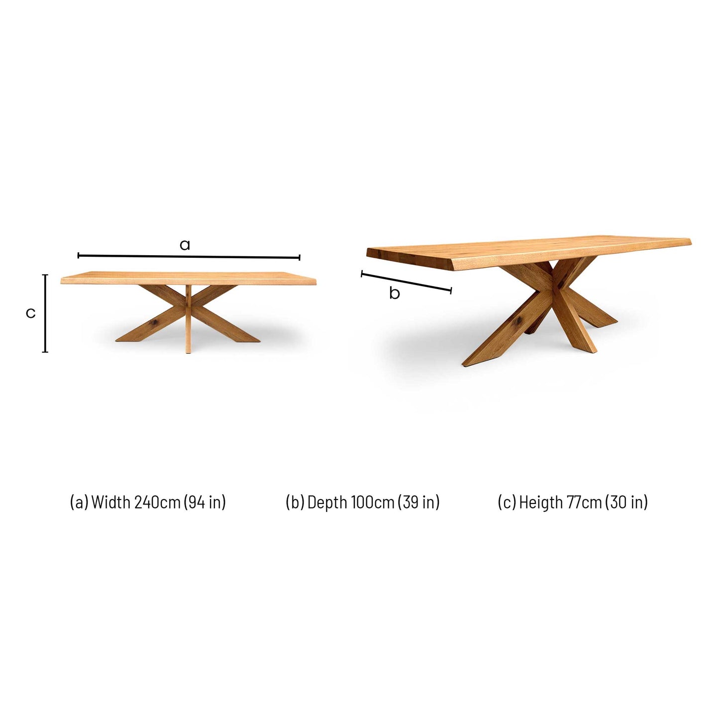 Bodahl ‘Terra’ 1 Oiled Solid Oak Raw Edge 240cm Dining Table with Wooden Star Base