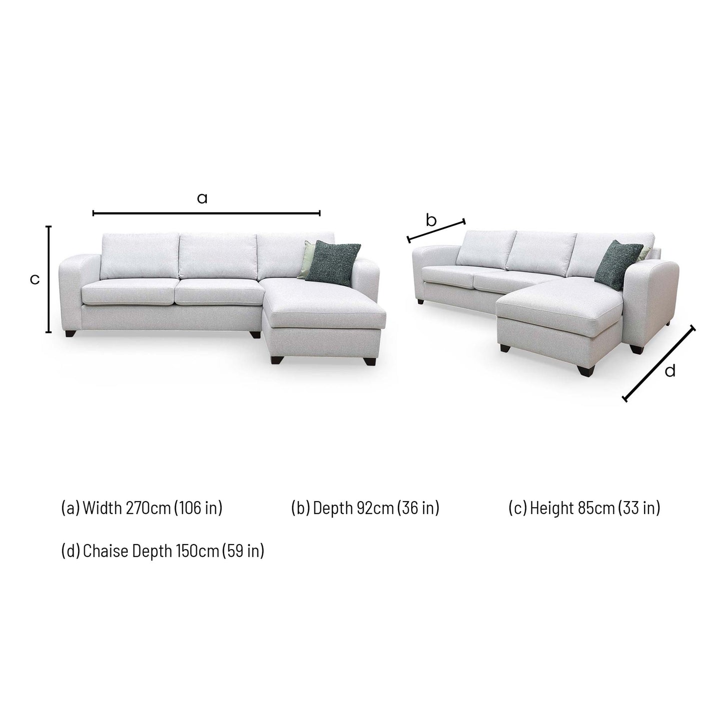 Dimensions for the DFS ‘Layla’ Silver Plain Fabric Right Hand Facing Storage Chaise End 3 Seater Supreme Sofa Bed.