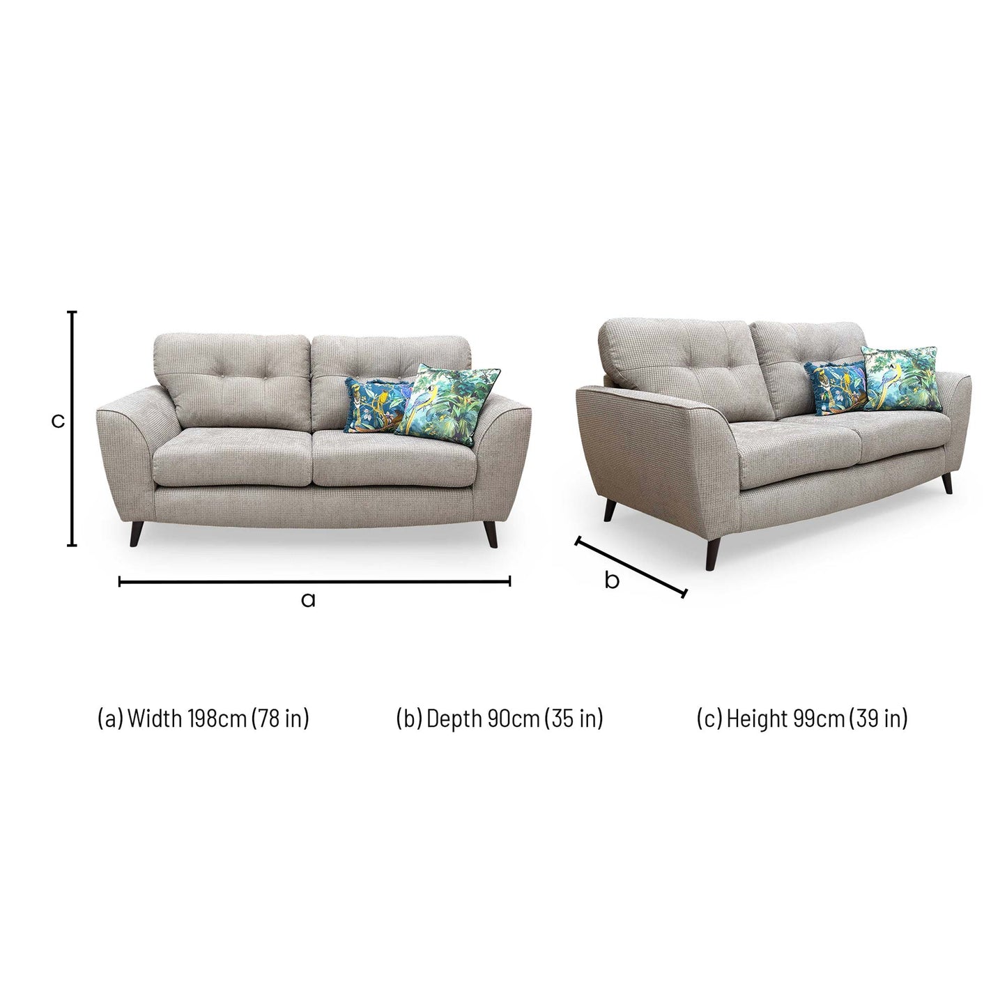 Dimensions for the DFS ‘Dawson’ Mink Plain Woven Fabric 3 Seater Sofa