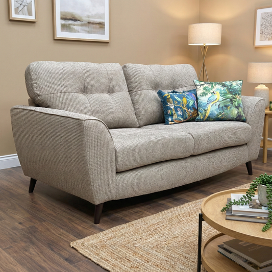 Living room of the ‘Dawson’ 3 Seater Sofa, detailing the durable mink woven textile and versatile neutral palette.