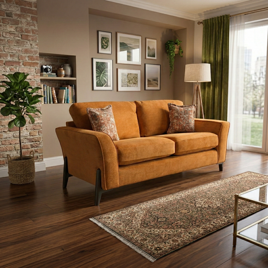 Living Room view of the Collins sofa in Almond Orange, showcasing the plush seating surface and the warmth of the wooden leg detail.