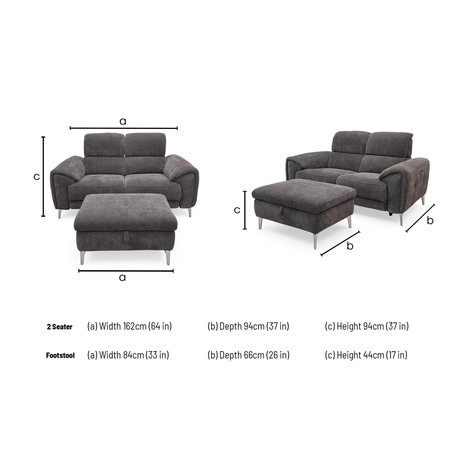 Dimensions for the Furniture Village ‘Vino’ 2 Seater Power Recliner Sofa and Storage Footstool.