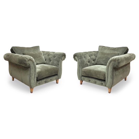 Full View ‘Palace’ traditional-style dining or accent chairs, featuring a matching set of 2 classic-back upright seats beautifully upholstered in high-grade Derwent Moss green patterned fabric.