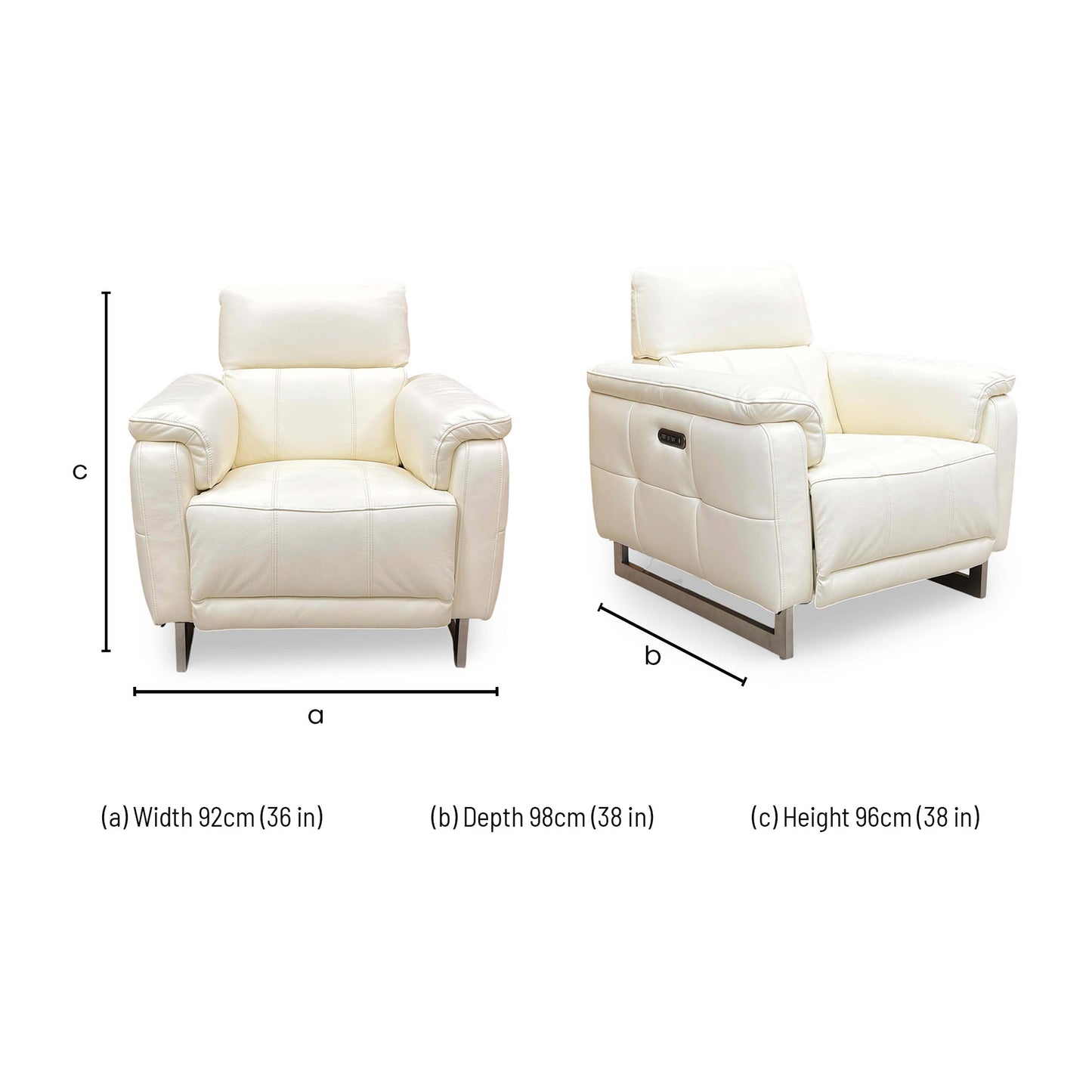 Dimensions for the ‘Moet’ Cat-40/13 Cotton White Leather Power Recliner Chair with Telescopic Headrest.