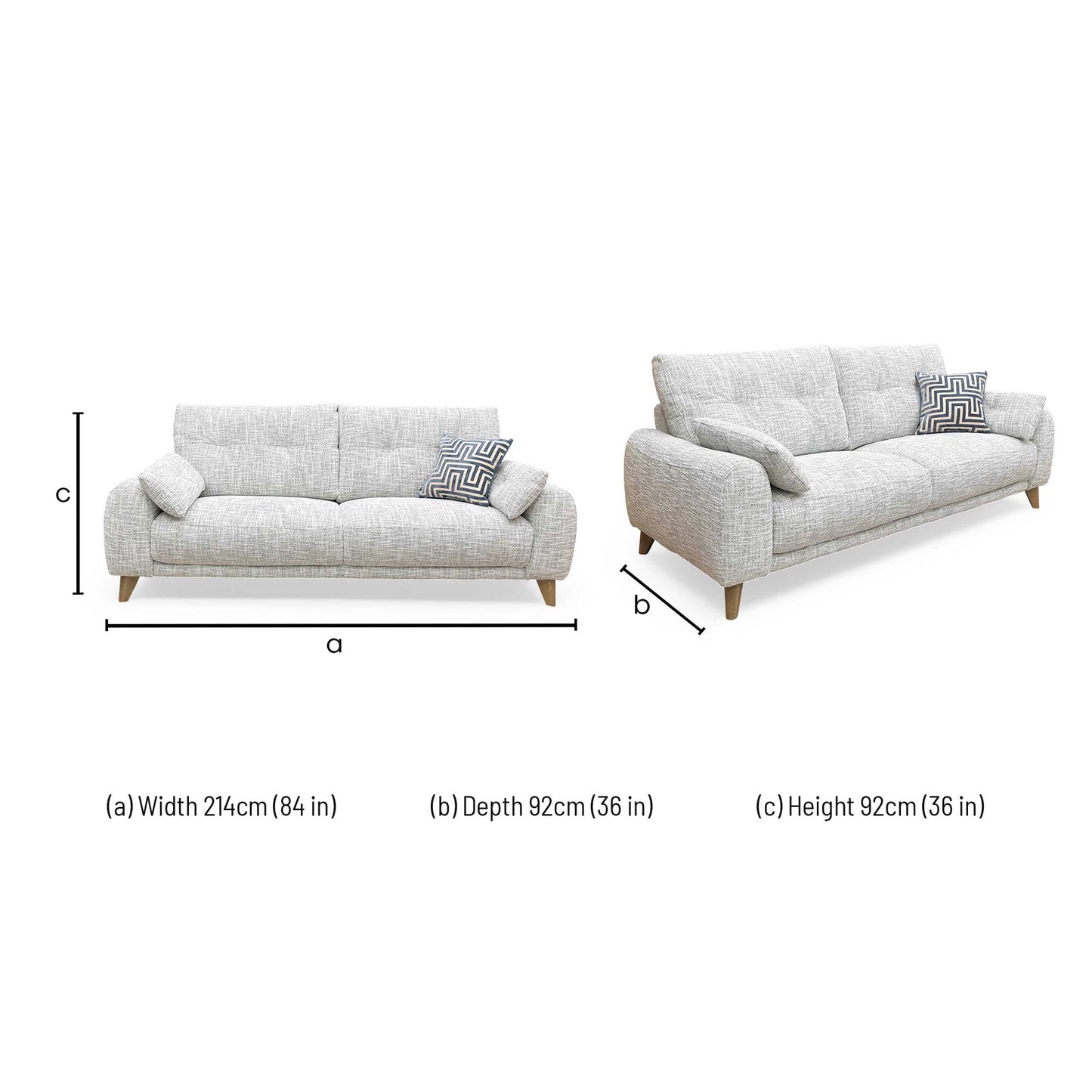 Dimensions for the ‘Malmo’ Fab-Mga-R06 Silver Green Fabric 3 Seater Sofa.