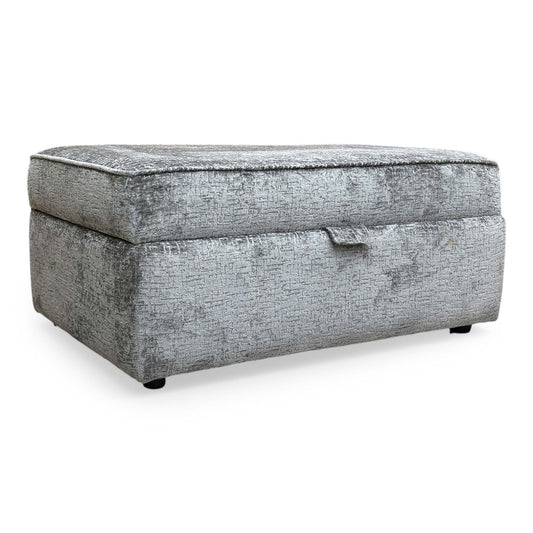 Full view The ‘Sasha’ large storage footstool in Alexandra Grey chenille fabric, featuring a deep-padded top and a sleek, rectangular contemporary design.