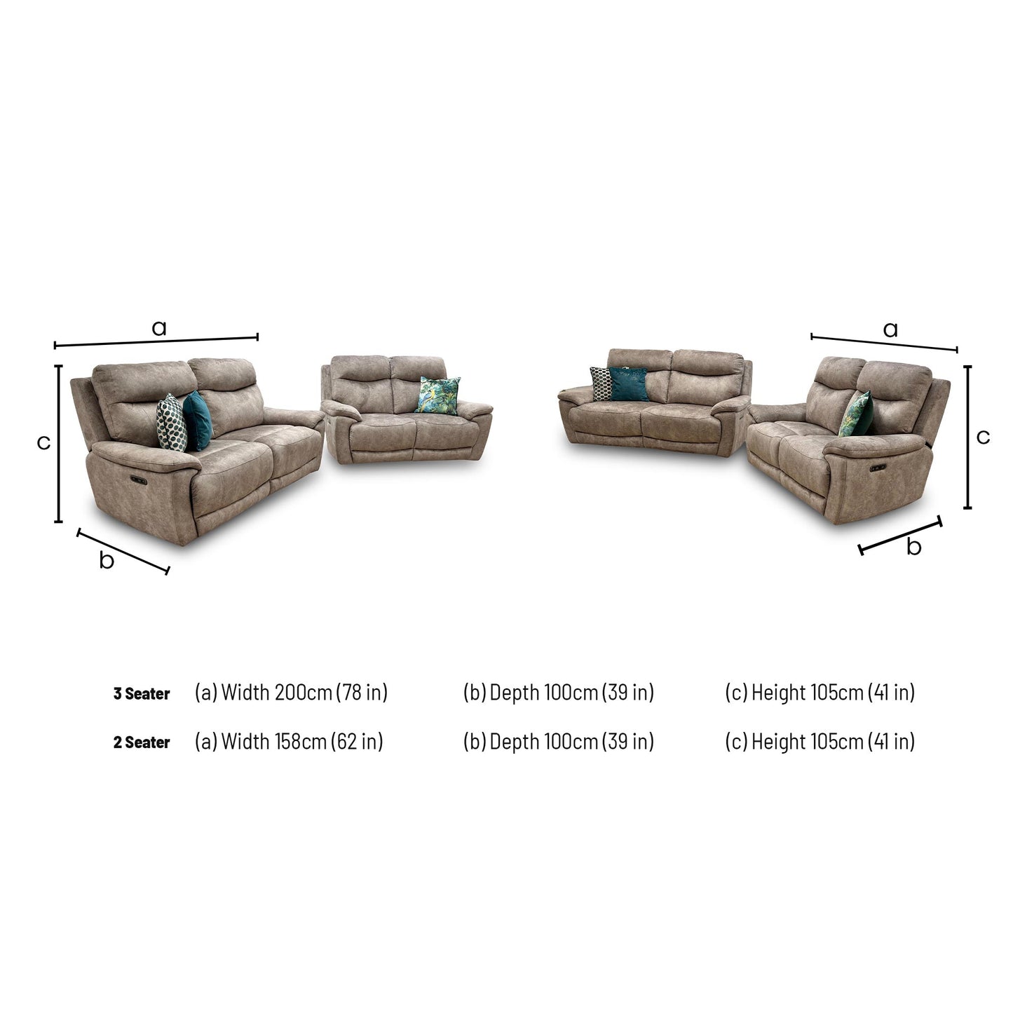 Dimensions for the ‘Sloane’ Marble Charcoal Grey Velvet 3 + 2 Seater Power Recliner Sofa Set.