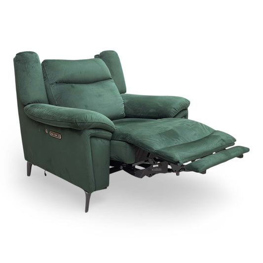 Full view of the ‘Panache’ Opulence bottle green velvet power recliner chair with power headrest.
