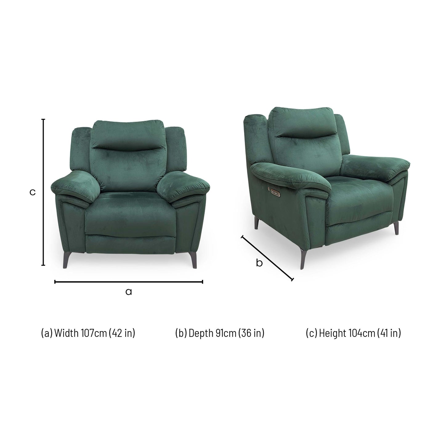 Dimensions for the ‘Panache’ Opulence Bottle Green Velvet Power Recliner Chair.