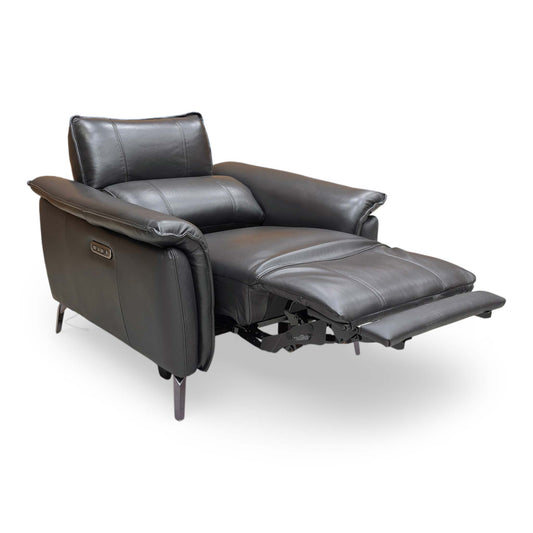 Full view of the ‘Jude’ Oslo Jet Black Cat-40:23 leather power recliner chair with telescopic headrests in an upright position.