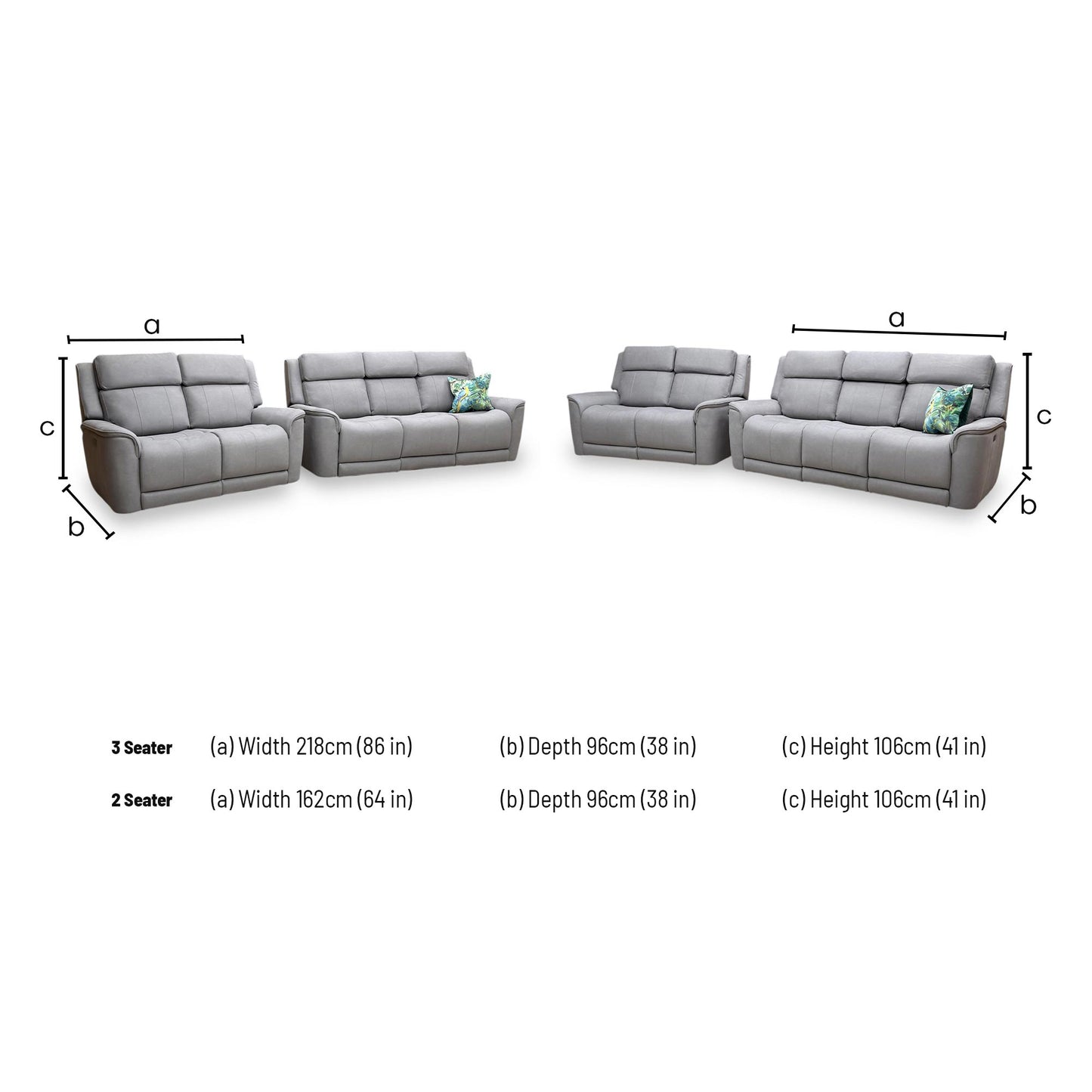 Dimensions for the Thornbrook ‘Langford’ Light Grey Fabric 3 Seater and 2 Seater Power Recliner Set.