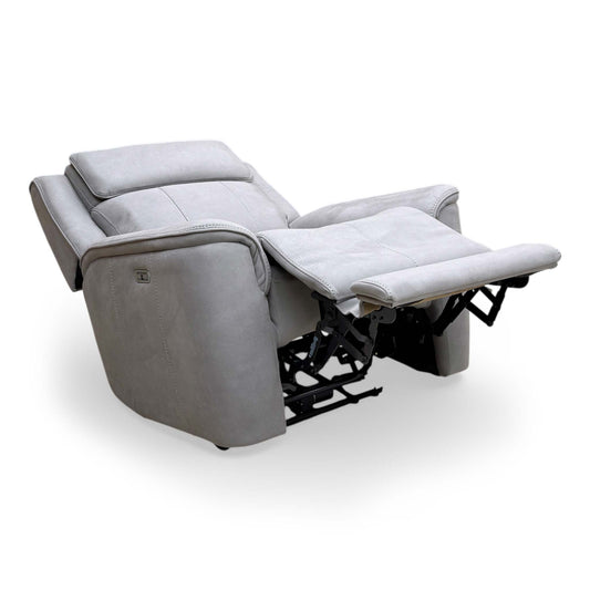 Full view of the Thornbrook ‘Langford’ power recliner chair in soft light grey fabric, featuring a high-back design and plush, supportive cushioning.