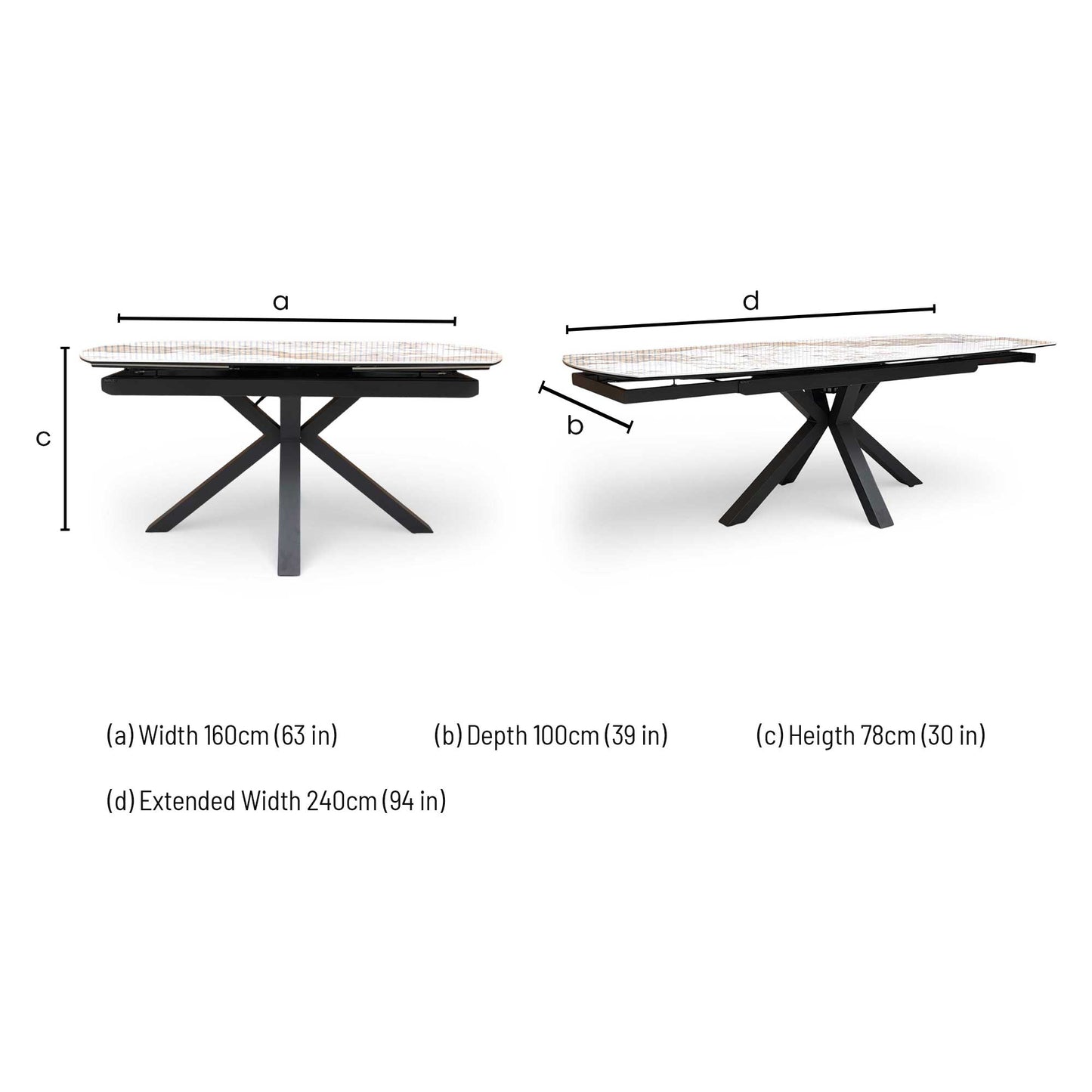 Dimension diagram for the Raul Calcutta marble ceramic 160cm pop-up extending table.
