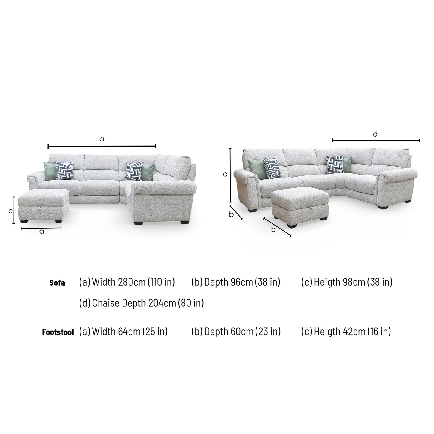 Dimensions for the ‘Nixon’ Fab Mil R104 Oyster Fabric Right Hand Facing Corner Sofa and Storage Footstool.