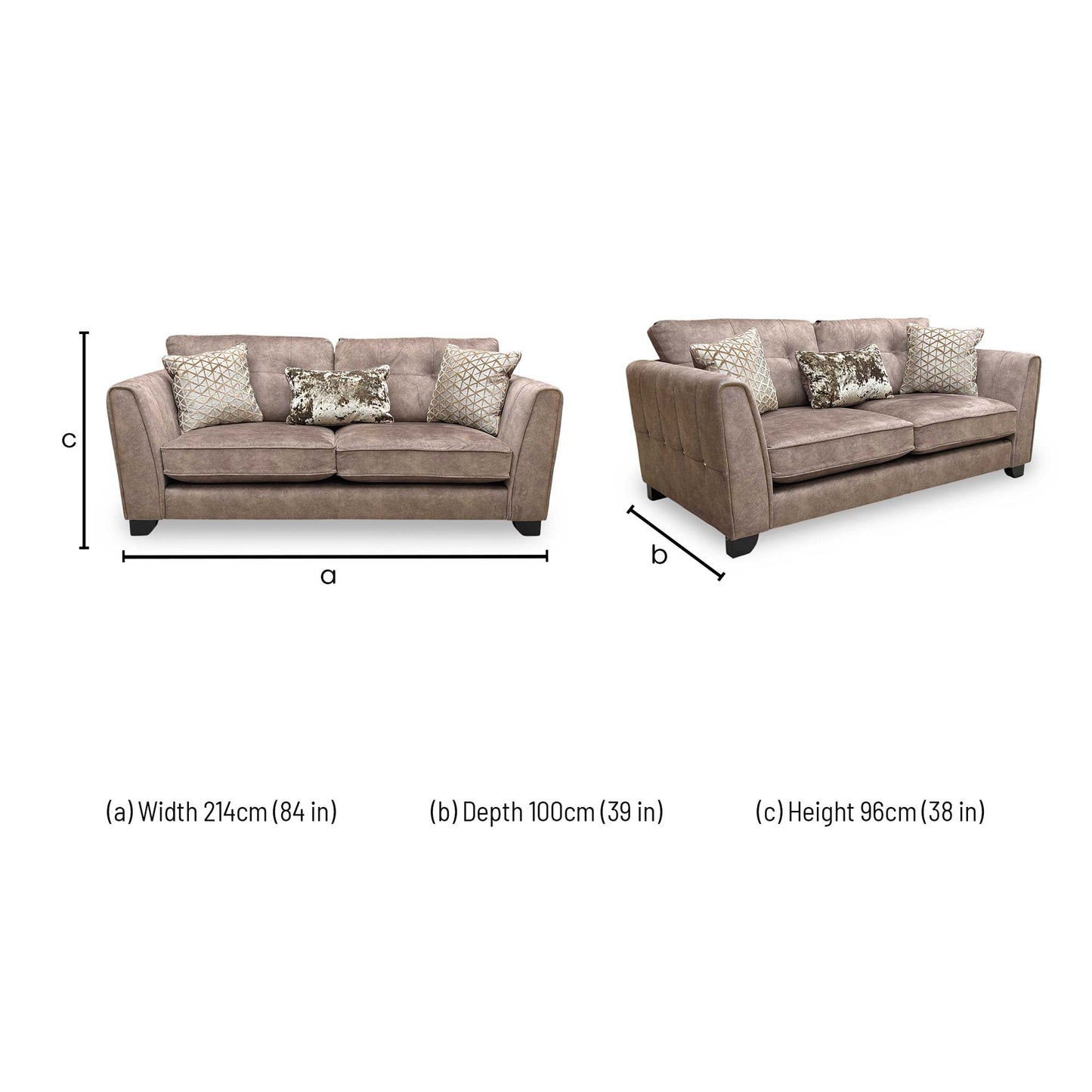 Dimensions for the ‘Mariah’ Dapple Chocolate Tri Brass Insert Velvet Classic Back 3 Seater Sofa.