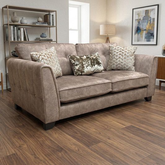 Living room view of the Mariah sofa in Dapple Chocolate, showcasing the rich brown textured velvet and the spacious, deep-filled seat cushions.