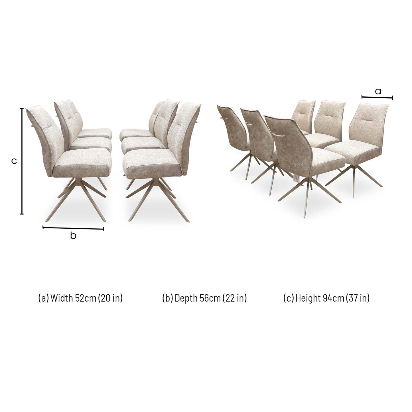 Dimensions for the ‘Mirage’ Neutral Fabric Swivel Dining Arm Chairs (Set of 6).