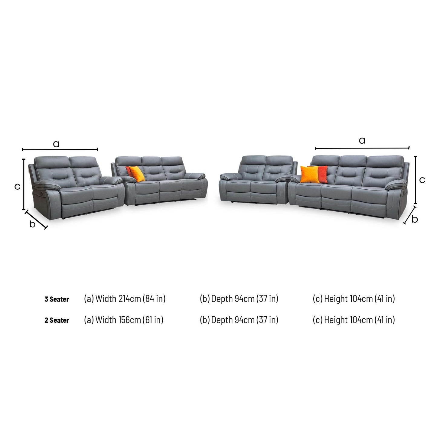 Dimensions for the ‘Dante’ Grey Fabric 3+2 Manual Recliner Sofa Set.