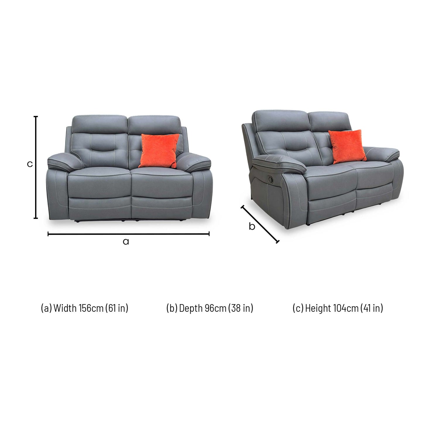 Dimensions for the ‘Dante’ Grey Fabric 2 Seater Manual Recliner Sofa.