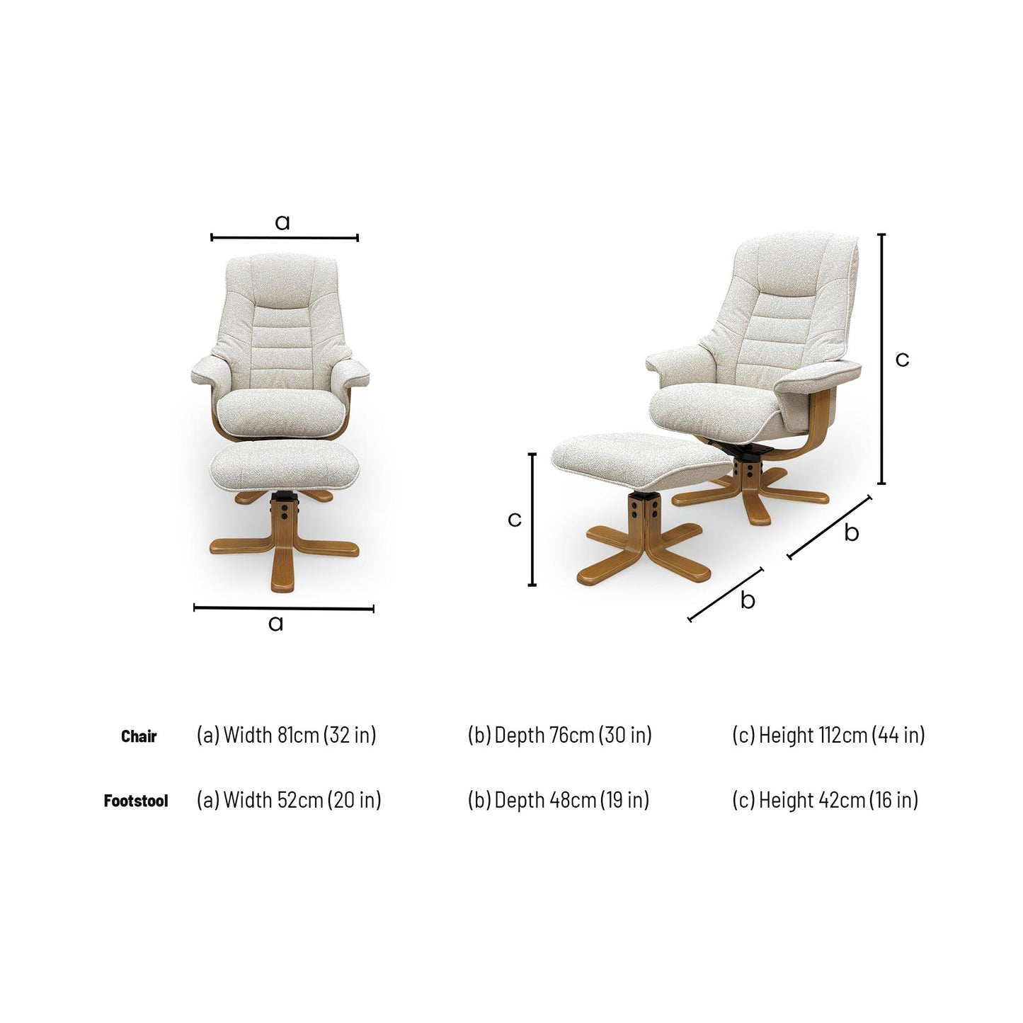 Technical dimension diagram for the ‘Riga’ Swivel Chair and Footstool.