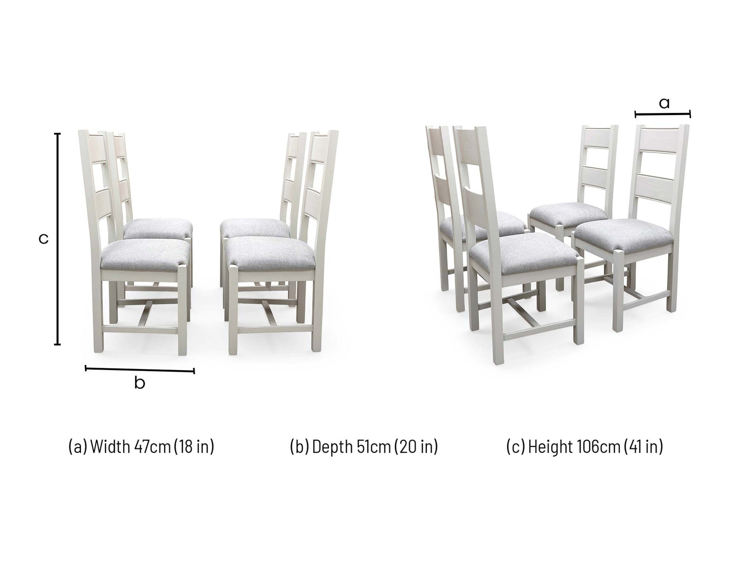 Technical dimension diagram for the Doune Grey Fabric Upholstered High Back Dining Chair, outlining its full structural measurements.